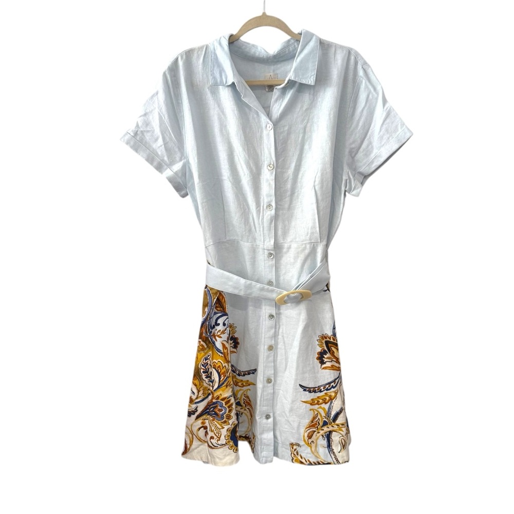 Joie XL Blue White Paisley Print Belted Button Front Linen Blend Shirt Dress